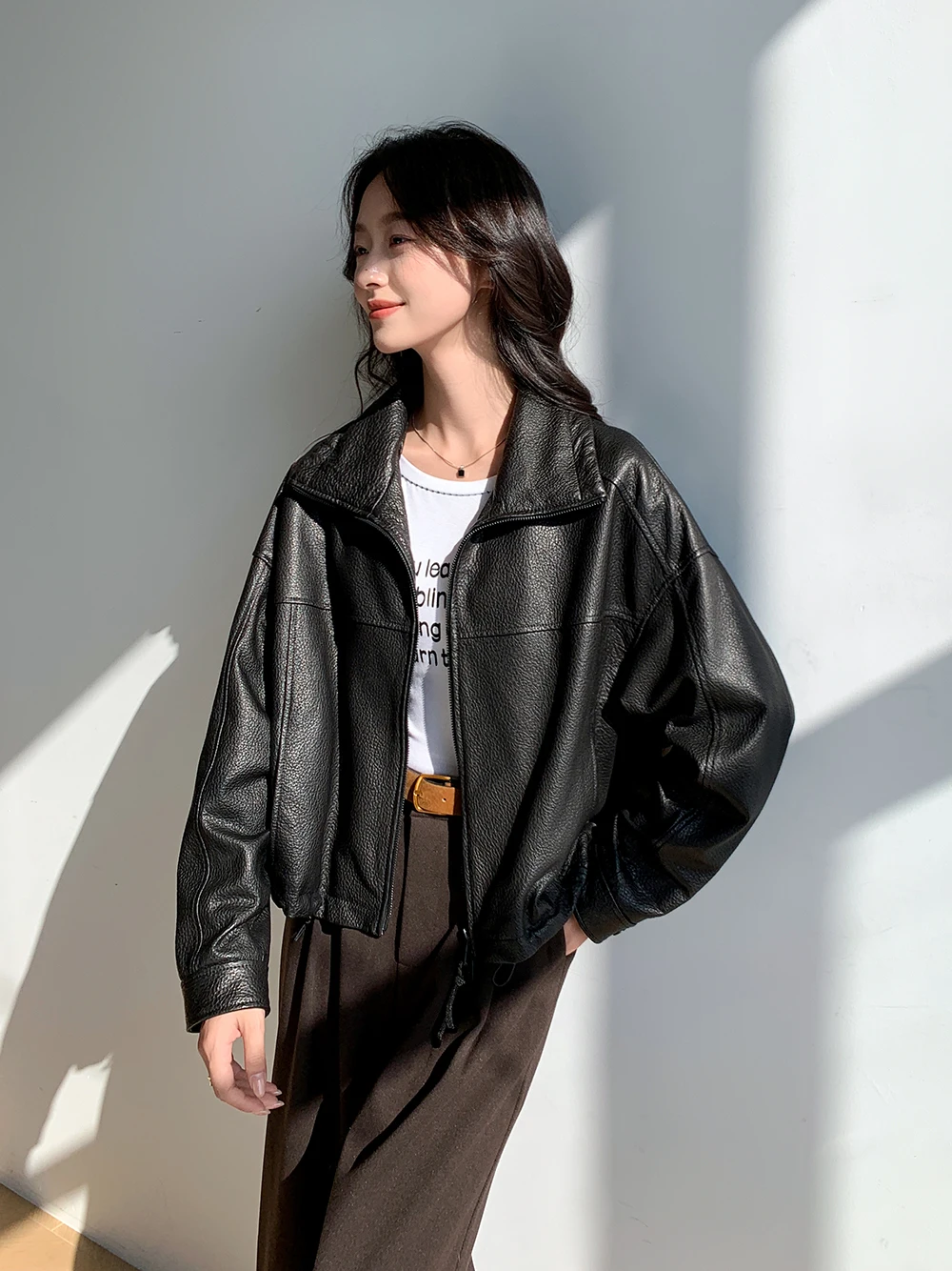 Vintage Genuine Leather Cropped Jackets for Women Spring Autumn 2026 New High-end Simple Stand Collar Bubble Real Sheepskin Coat