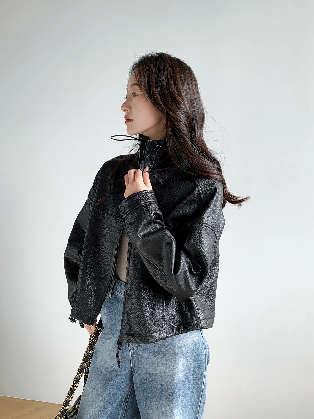 Vintage Genuine Leather Cropped Jackets for Women Spring Autumn 2026 New High-end Simple Stand Collar Bubble Real Sheepskin Coat