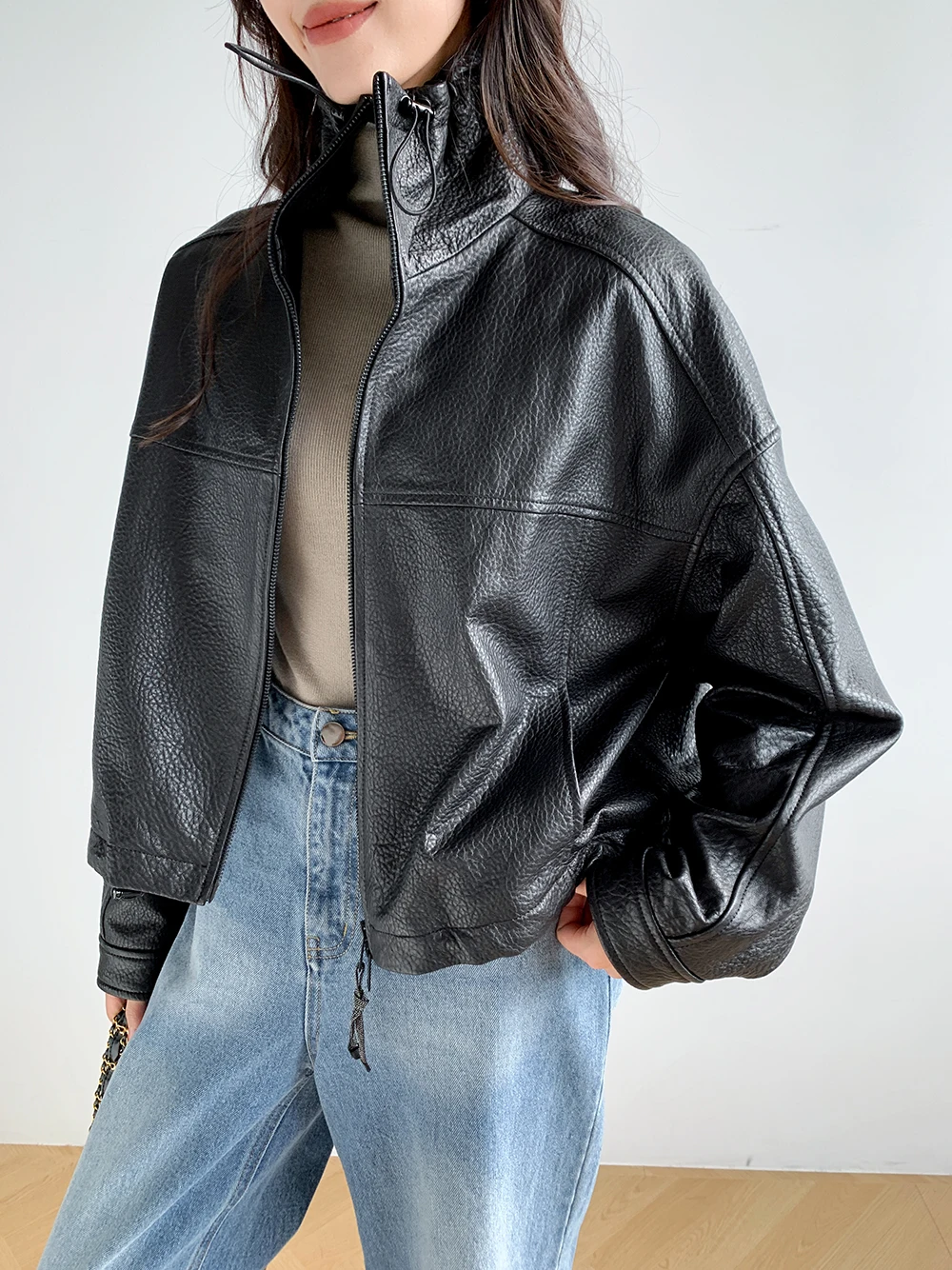 Vintage Genuine Leather Cropped Jackets for Women Spring Autumn 2026 New High-end Simple Stand Collar Bubble Real Sheepskin Coat