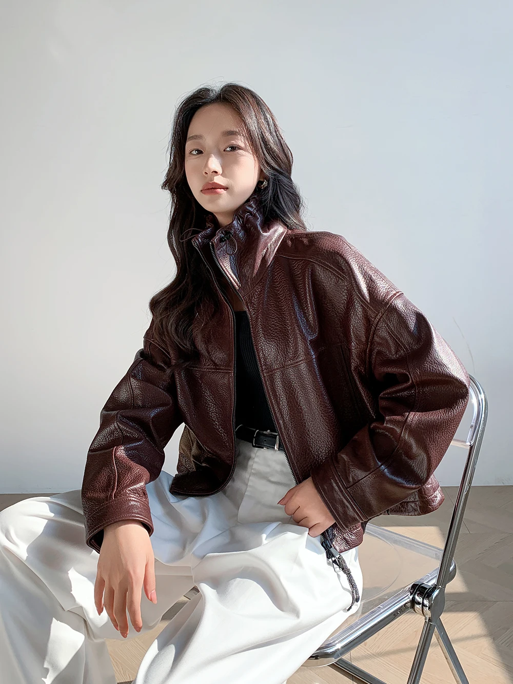 Vintage Genuine Leather Cropped Jackets for Women Spring Autumn 2026 New High-end Simple Stand Collar Bubble Real Sheepskin Coat