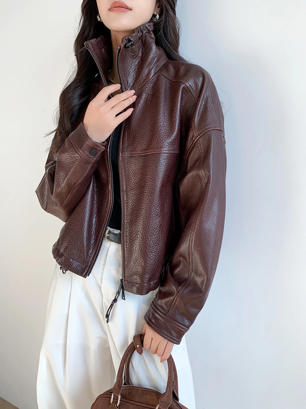 Vintage Genuine Leather Cropped Jackets for Women Spring Autumn 2026 New High-end Simple Stand Collar Bubble Real Sheepskin Coat