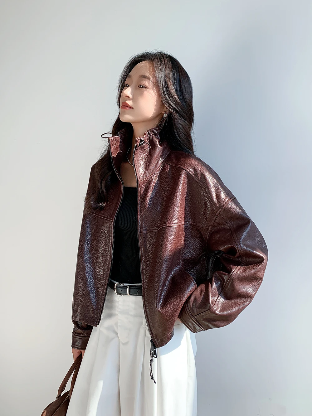 Vintage Genuine Leather Cropped Jackets for Women Spring Autumn 2026 New High-end Simple Stand Collar Bubble Real Sheepskin Coat