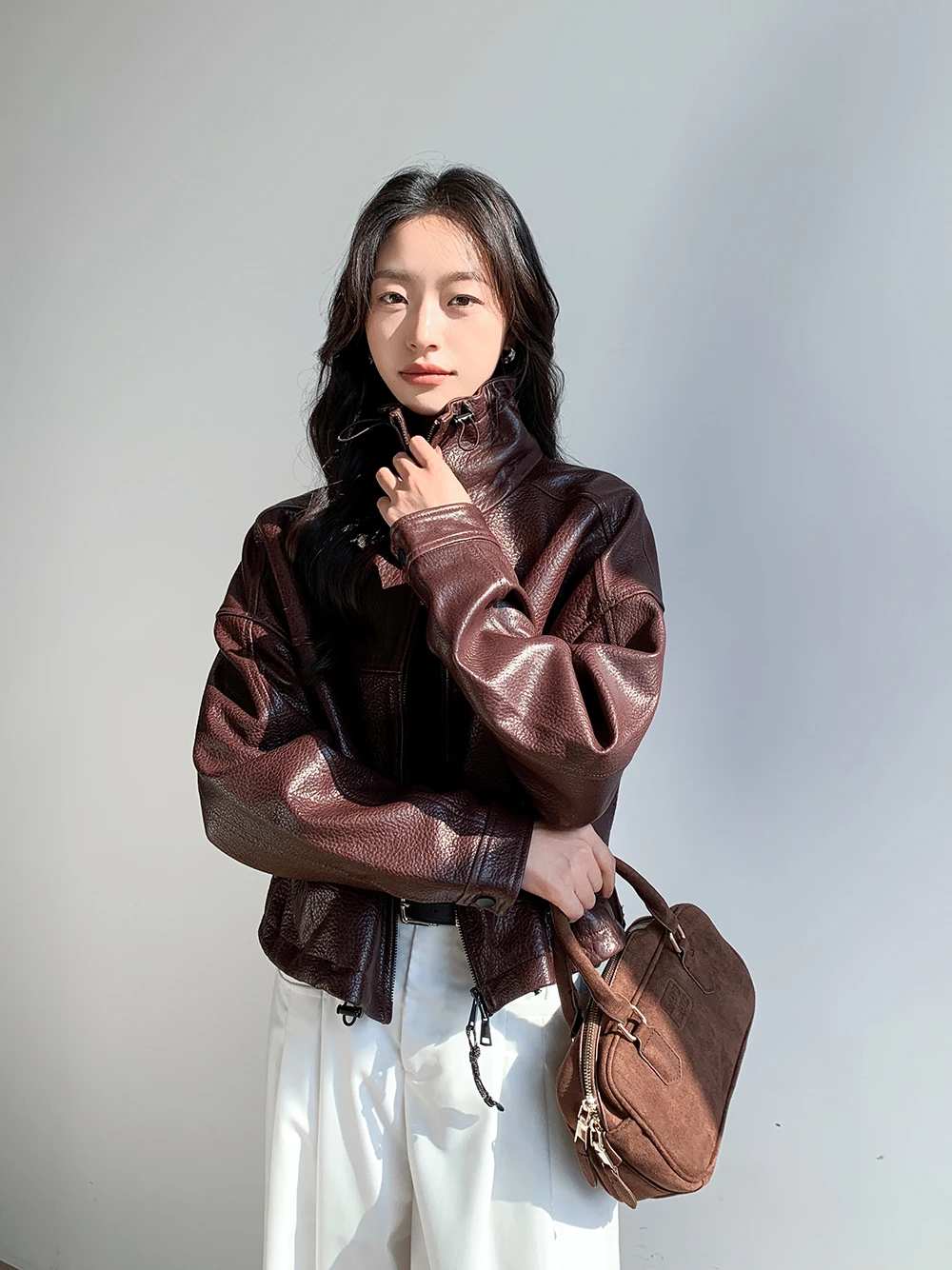 Vintage Genuine Leather Cropped Jackets for Women Spring Autumn 2026 New High-end Simple Stand Collar Bubble Real Sheepskin Coat