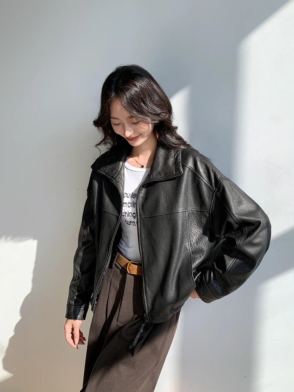 Vintage Genuine Leather Cropped Jackets for Women Spring Autumn 2026 New High-end Simple Stand Collar Bubble Real Sheepskin Coat