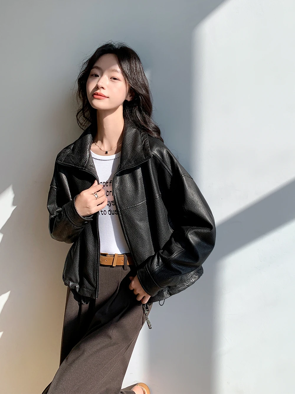 Vintage Genuine Leather Cropped Jackets for Women Spring Autumn 2026 New High-end Simple Stand Collar Bubble Real Sheepskin Coat