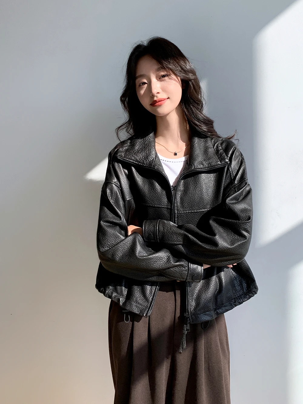 Vintage Genuine Leather Cropped Jackets for Women Spring Autumn 2026 New High-end Simple Stand Collar Bubble Real Sheepskin Coat