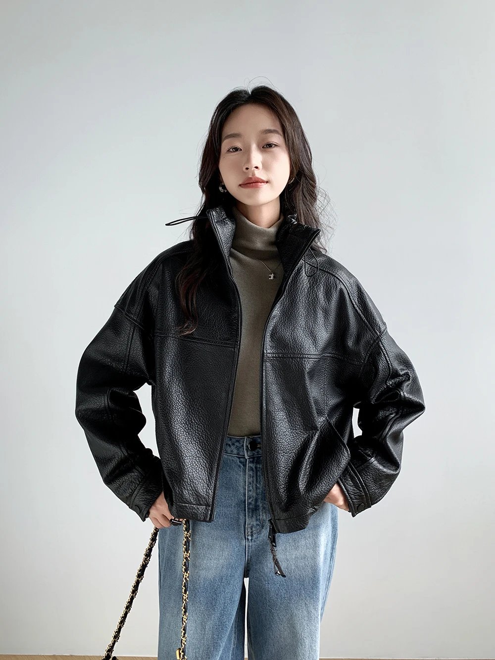 Vintage Genuine Leather Cropped Jackets for Women Spring Autumn 2026 New High-end Simple Stand Collar Bubble Real Sheepskin Coat