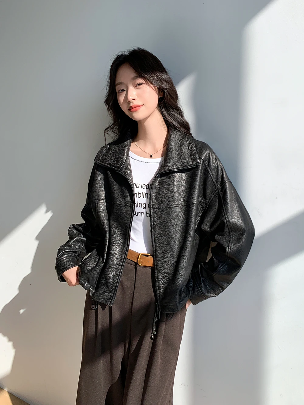Vintage Genuine Leather Cropped Jackets for Women Spring Autumn 2026 New High-end Simple Stand Collar Bubble Real Sheepskin Coat