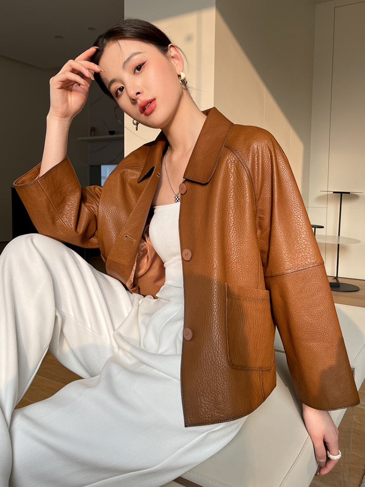 High-end Simple Natural Sheepskin Coats for Women 2026 New Trend Casual Single-breasted Lychee Texture Genuine Leather Jacket