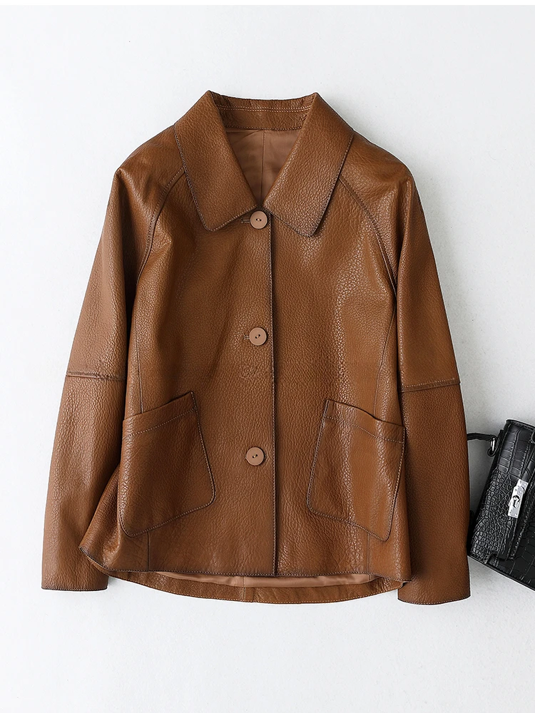 High-end Simple Natural Sheepskin Coats for Women 2026 New Trend Casual Single-breasted Lychee Texture Genuine Leather Jacket
