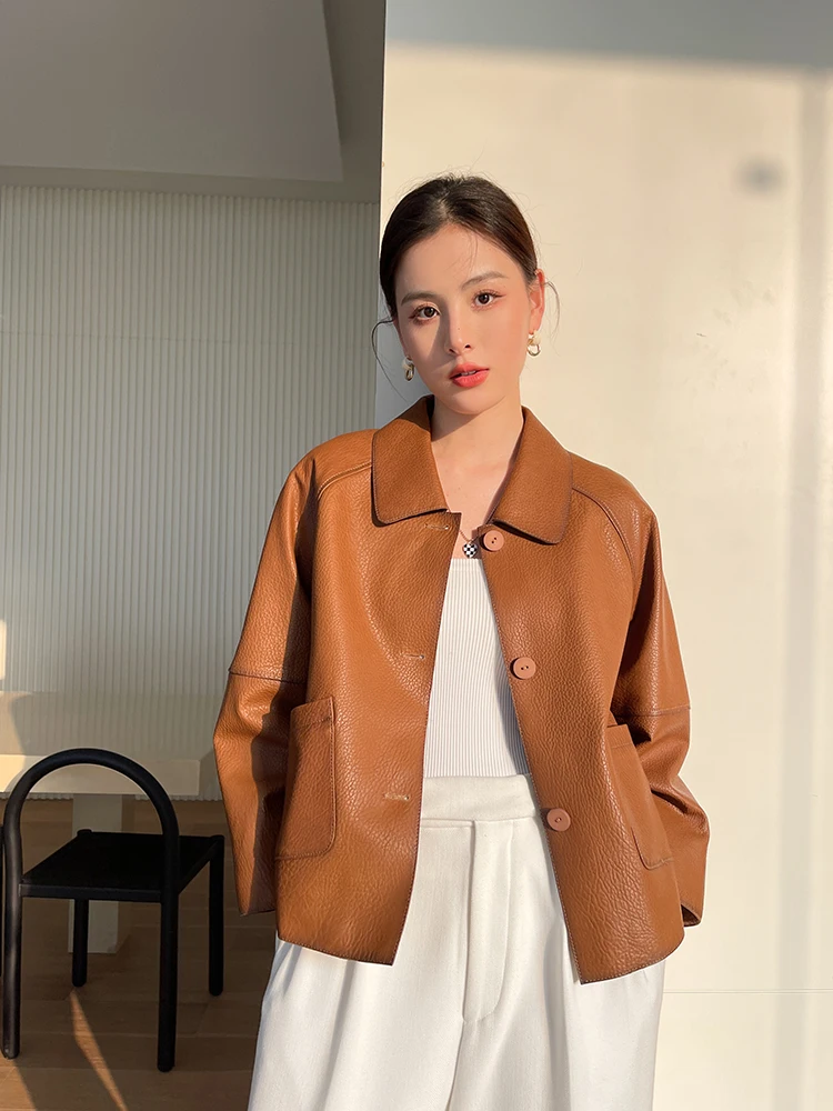 High-end Simple Natural Sheepskin Coats for Women 2026 New Trend Casual Single-breasted Lychee Texture Genuine Leather Jacket