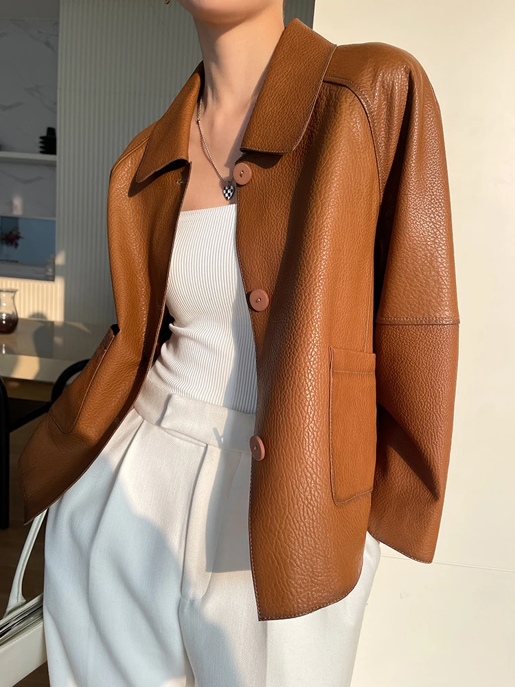 High-end Simple Natural Sheepskin Coats for Women 2026 New Trend Casual Single-breasted Lychee Texture Genuine Leather Jacket