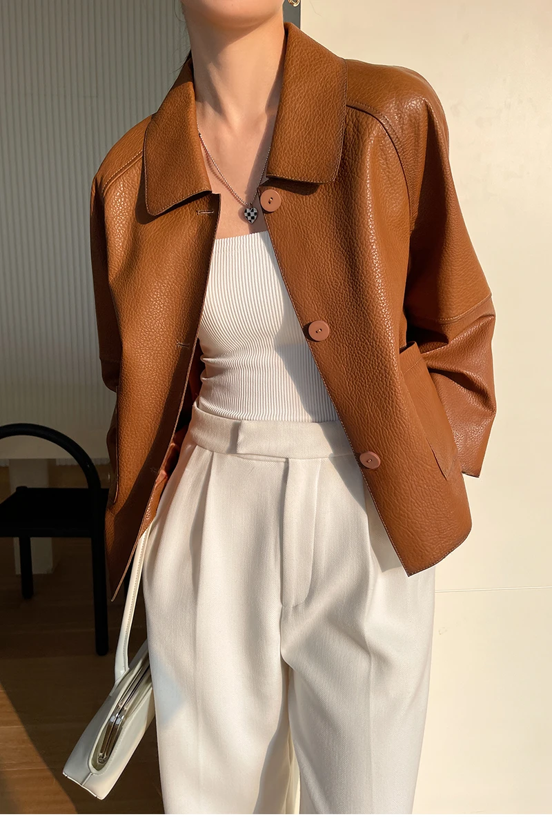 High-end Simple Natural Sheepskin Coats for Women 2026 New Trend Casual Single-breasted Lychee Texture Genuine Leather Jacket