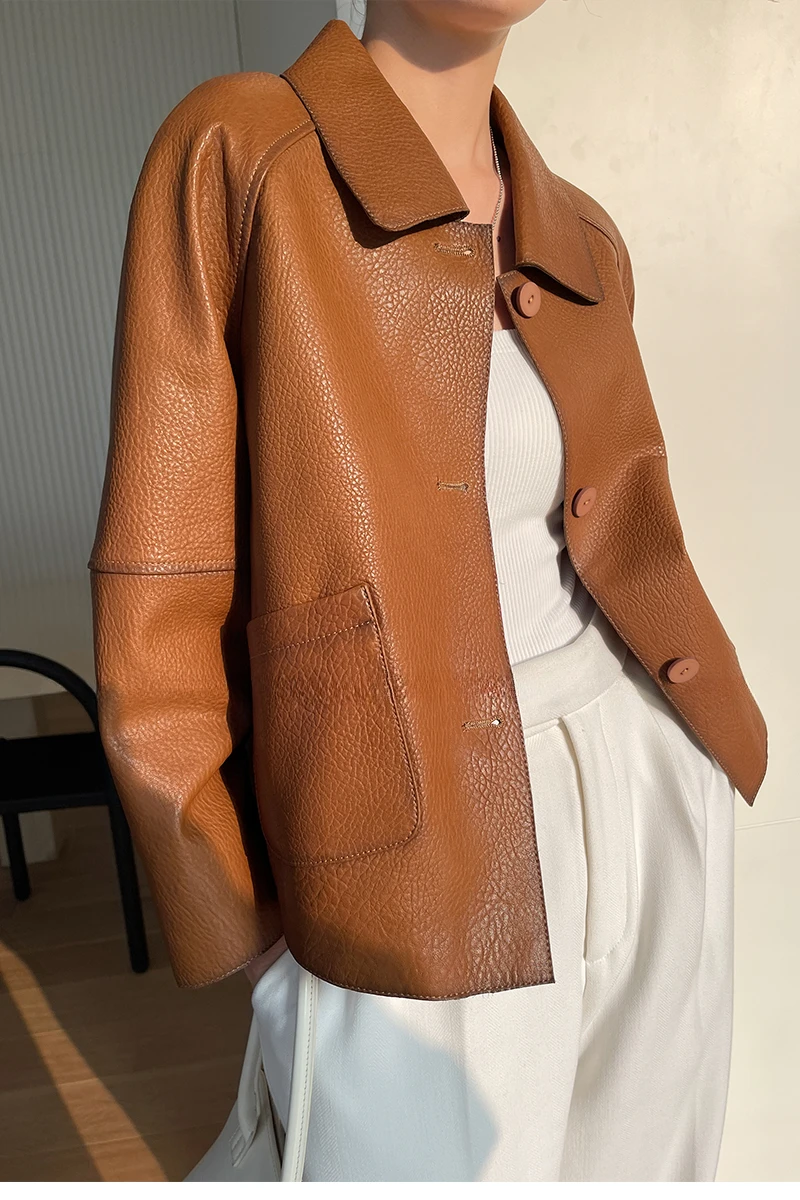 High-end Simple Natural Sheepskin Coats for Women 2026 New Trend Casual Single-breasted Lychee Texture Genuine Leather Jacket