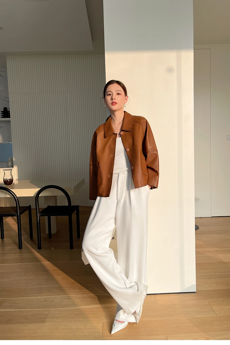 High-end Simple Natural Sheepskin Coats for Women 2026 New Trend Casual Single-breasted Lychee Texture Genuine Leather Jacket