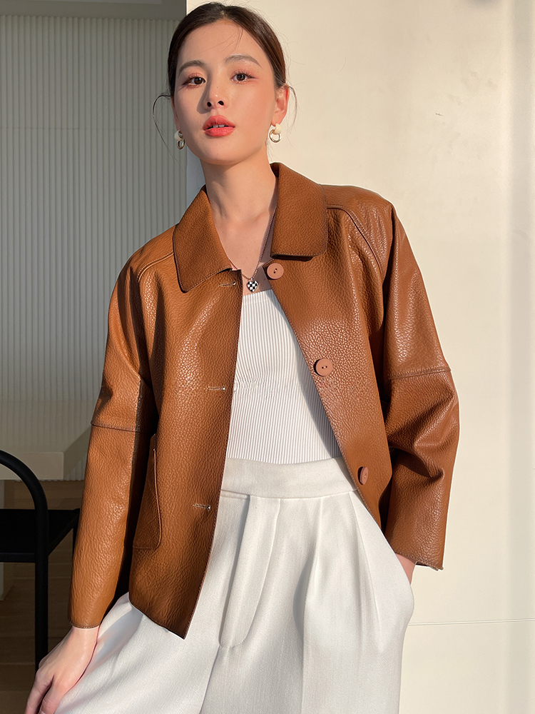 High-end Simple Natural Sheepskin Coats for Women 2026 New Trend Casual Single-breasted Lychee Texture Genuine Leather Jacket