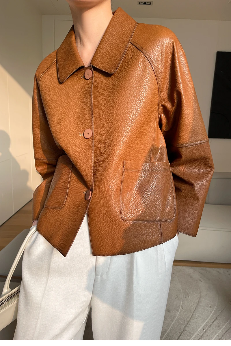 High-end Simple Natural Sheepskin Coats for Women 2026 New Trend Casual Single-breasted Lychee Texture Genuine Leather Jacket