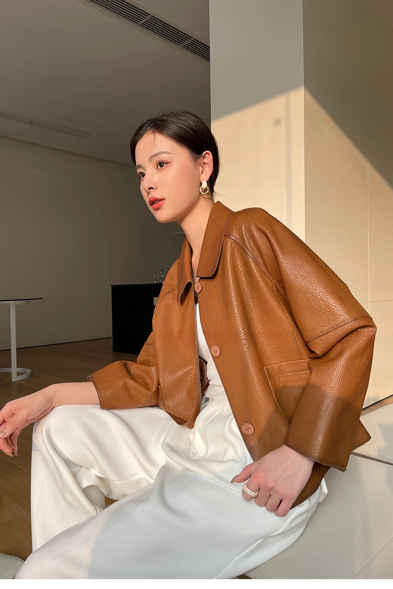 High-end Simple Natural Sheepskin Coats for Women 2026 New Trend Casual Single-breasted Lychee Texture Genuine Leather Jacket