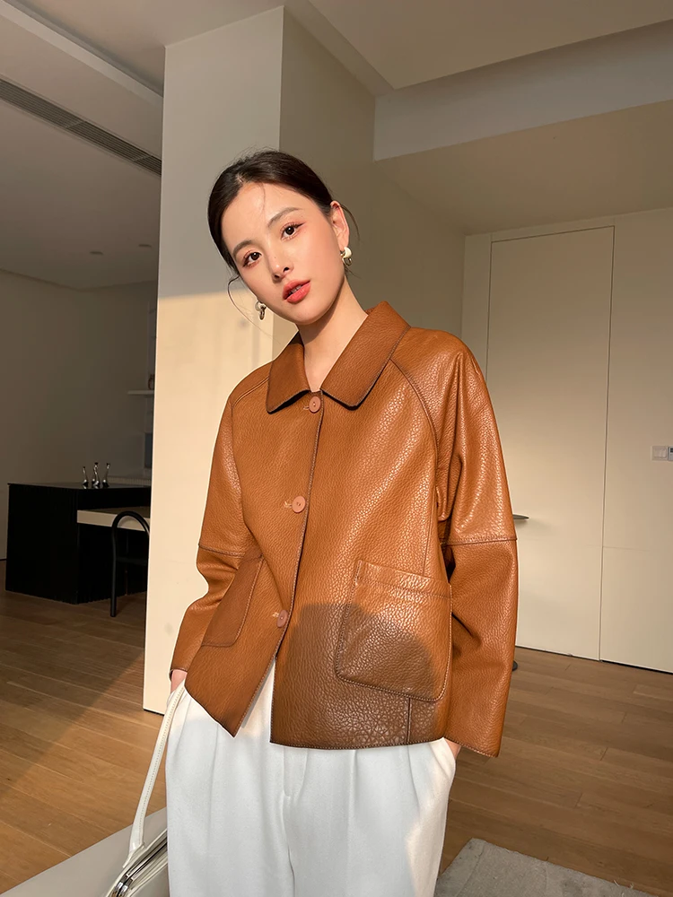 High-end Simple Natural Sheepskin Coats for Women 2026 New Trend Casual Single-breasted Lychee Texture Genuine Leather Jacket