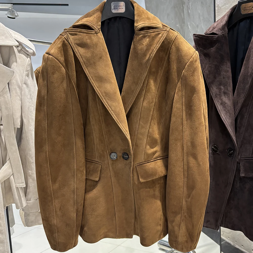 YOLOAgain Vintage Suede Blazer Jacket Women Double Breasted Lapel Dark Brown Genuine Sheepskin Leather Jacket Coat Female