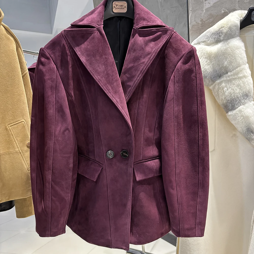 YOLOAgain Vintage Suede Blazer Jacket Women Double Breasted Lapel Dark Brown Genuine Sheepskin Leather Jacket Coat Female