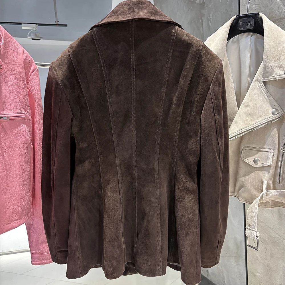 YOLOAgain Vintage Suede Blazer Jacket Women Double Breasted Lapel Dark Brown Genuine Sheepskin Leather Jacket Coat Female