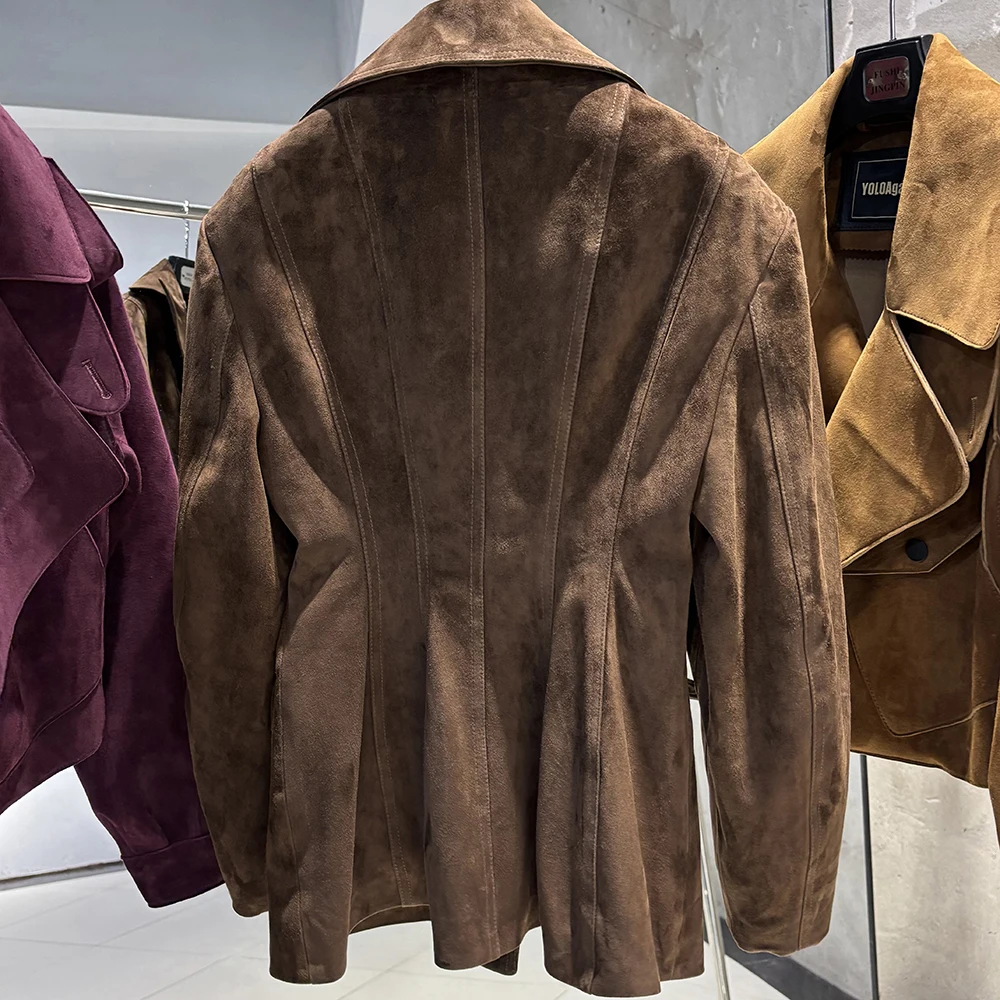 YOLOAgain Vintage Suede Blazer Jacket Women Double Breasted Lapel Dark Brown Genuine Sheepskin Leather Jacket Coat Female