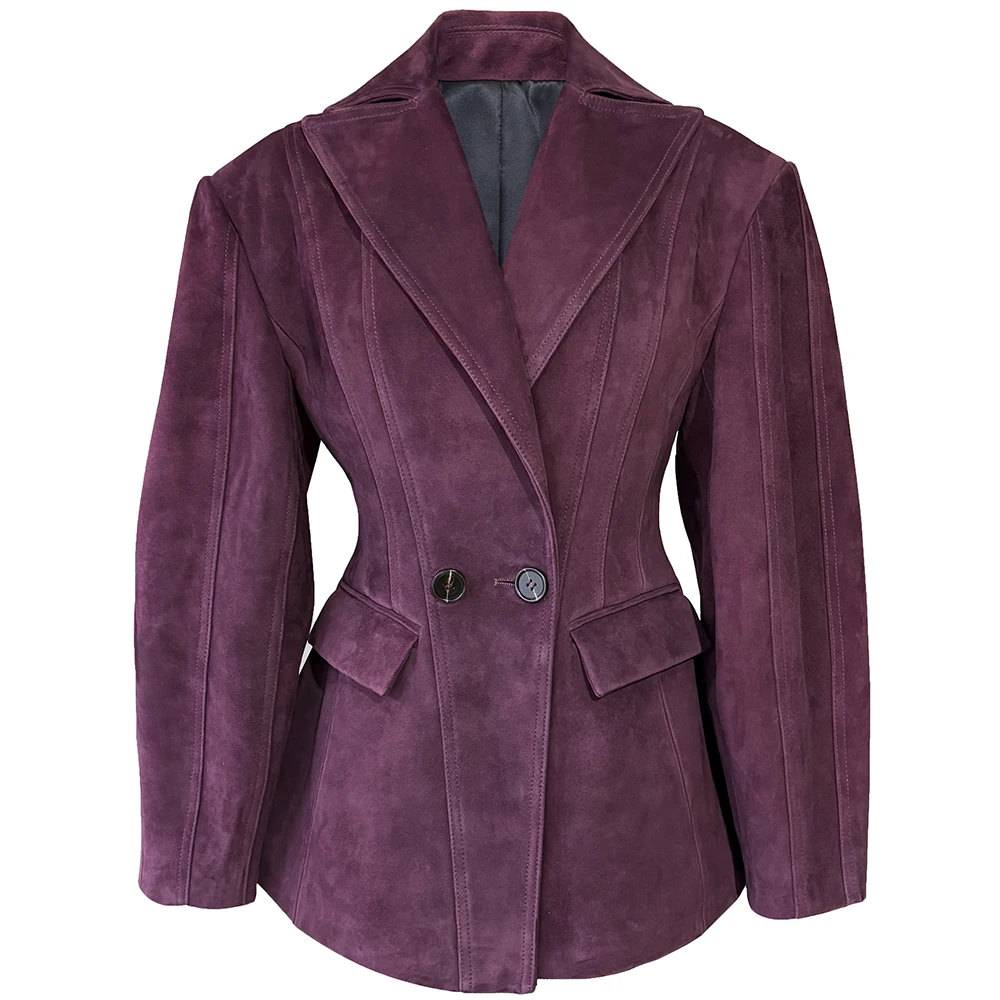 YOLOAgain Vintage Suede Blazer Jacket Women Double Breasted Lapel Dark Brown Genuine Sheepskin Leather Jacket Coat Female