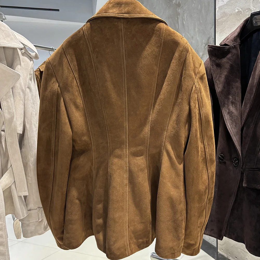 YOLOAgain Vintage Suede Blazer Jacket Women Double Breasted Lapel Dark Brown Genuine Sheepskin Leather Jacket Coat Female