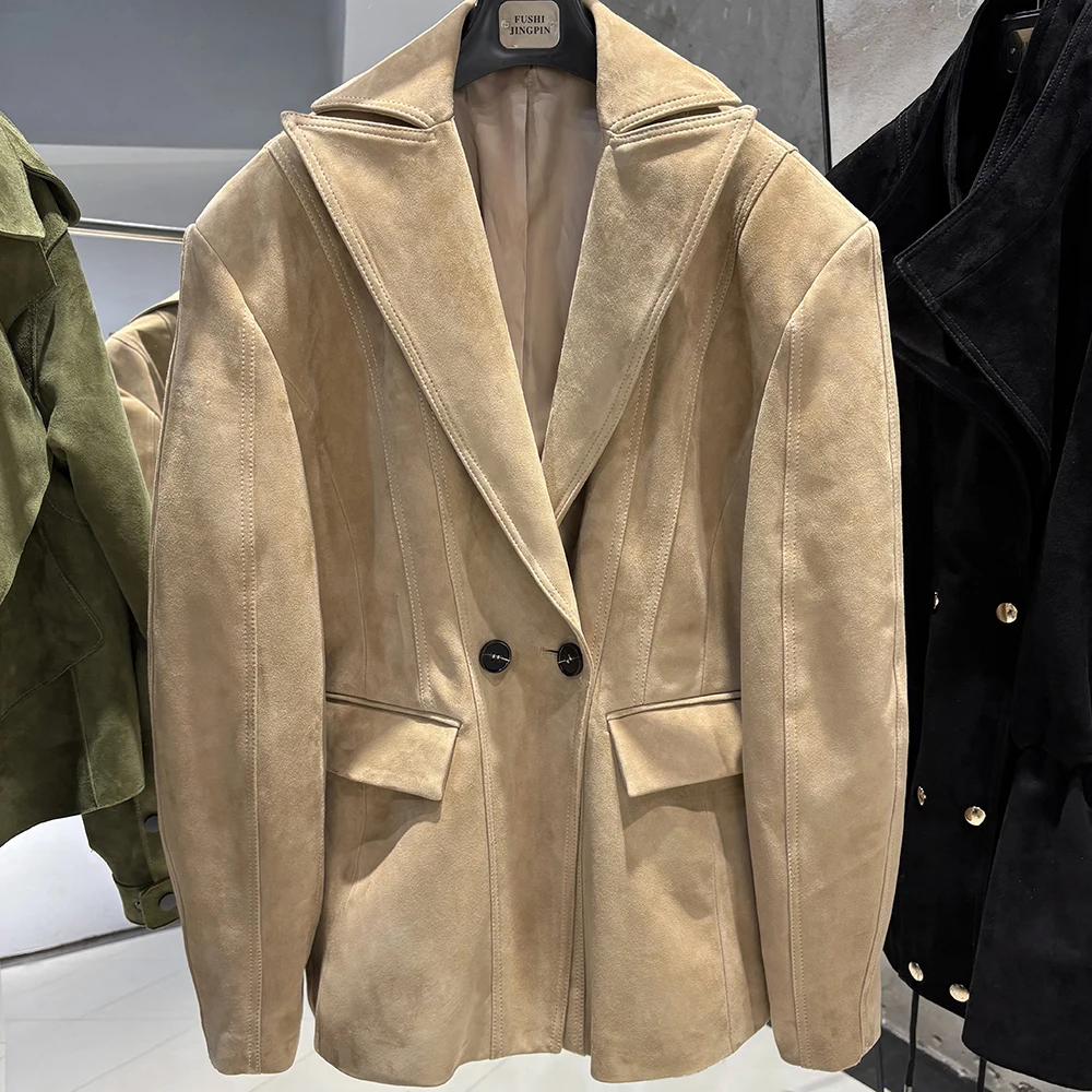 YOLOAgain Vintage Suede Blazer Jacket Women Double Breasted Lapel Dark Brown Genuine Sheepskin Leather Jacket Coat Female
