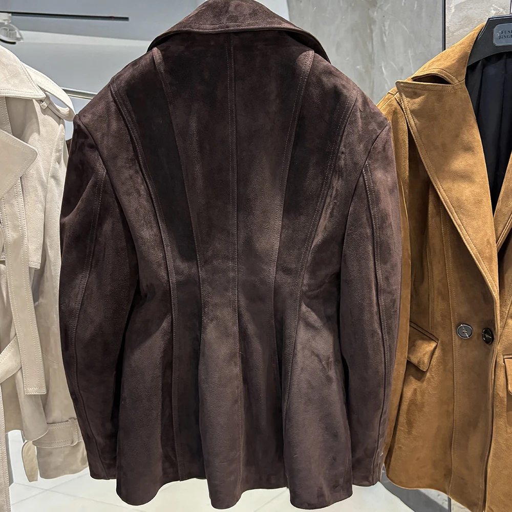 YOLOAgain Vintage Suede Blazer Jacket Women Double Breasted Lapel Dark Brown Genuine Sheepskin Leather Jacket Coat Female