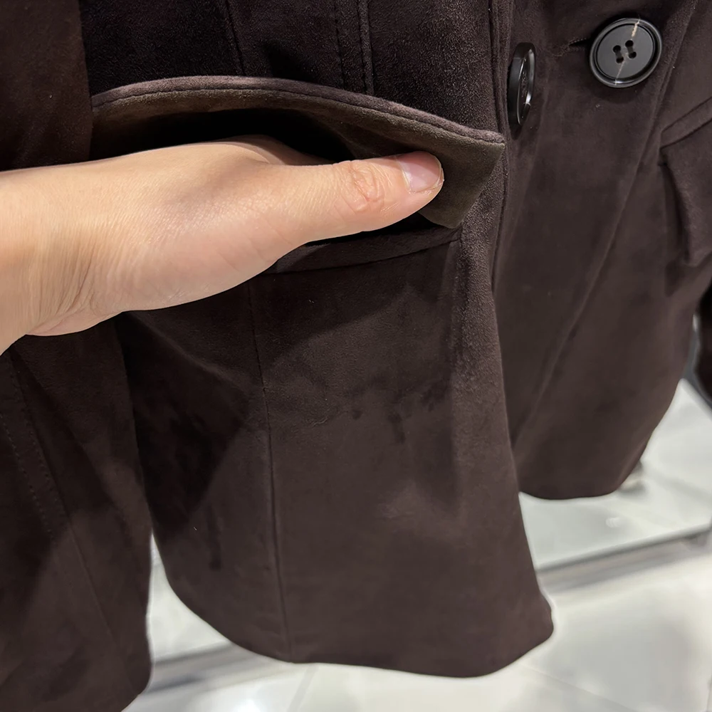 YOLOAgain Vintage Suede Blazer Jacket Women Double Breasted Lapel Dark Brown Genuine Sheepskin Leather Jacket Coat Female