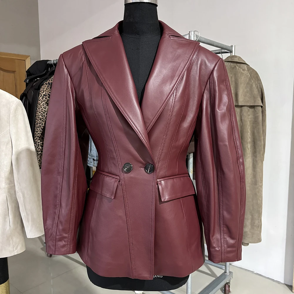 YOLOAgain Vintage Suede Blazer Jacket Women Double Breasted Lapel Dark Brown Genuine Sheepskin Leather Jacket Coat Female