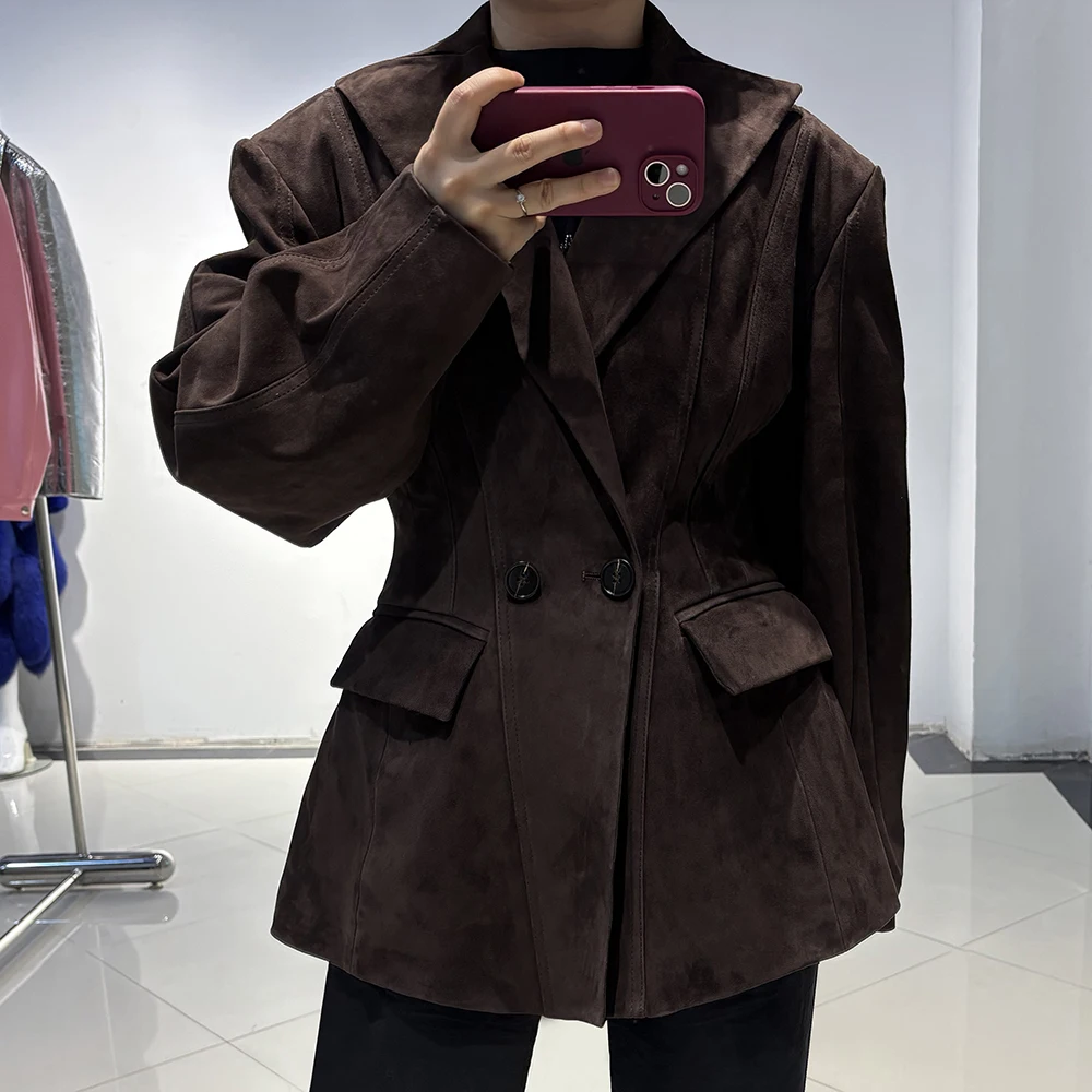 YOLOAgain Vintage Suede Blazer Jacket Women Double Breasted Lapel Dark Brown Genuine Sheepskin Leather Jacket Coat Female