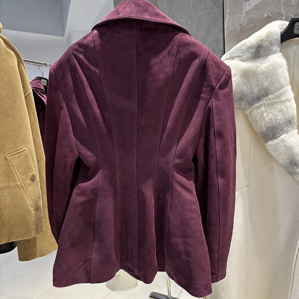 YOLOAgain Vintage Suede Blazer Jacket Women Double Breasted Lapel Dark Brown Genuine Sheepskin Leather Jacket Coat Female