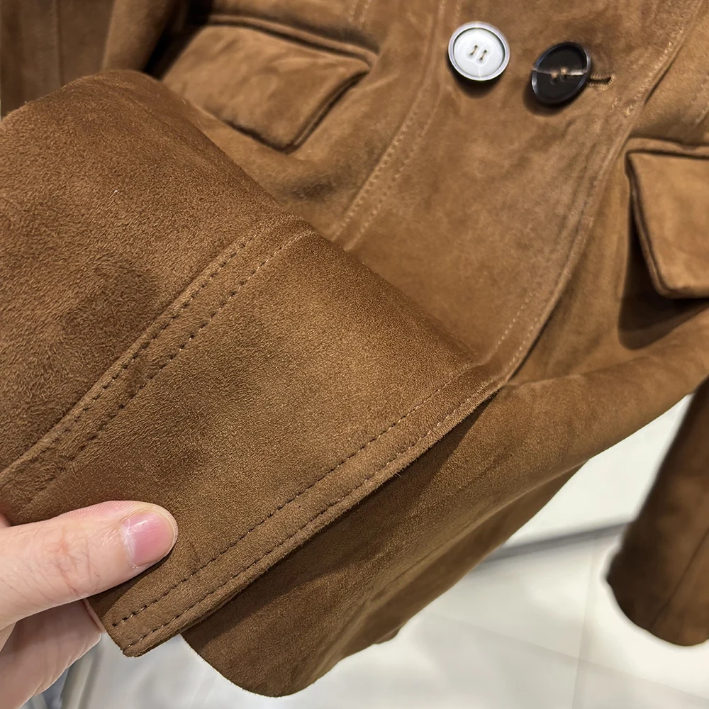YOLOAgain Vintage Suede Blazer Jacket Women Double Breasted Lapel Dark Brown Genuine Sheepskin Leather Jacket Coat Female