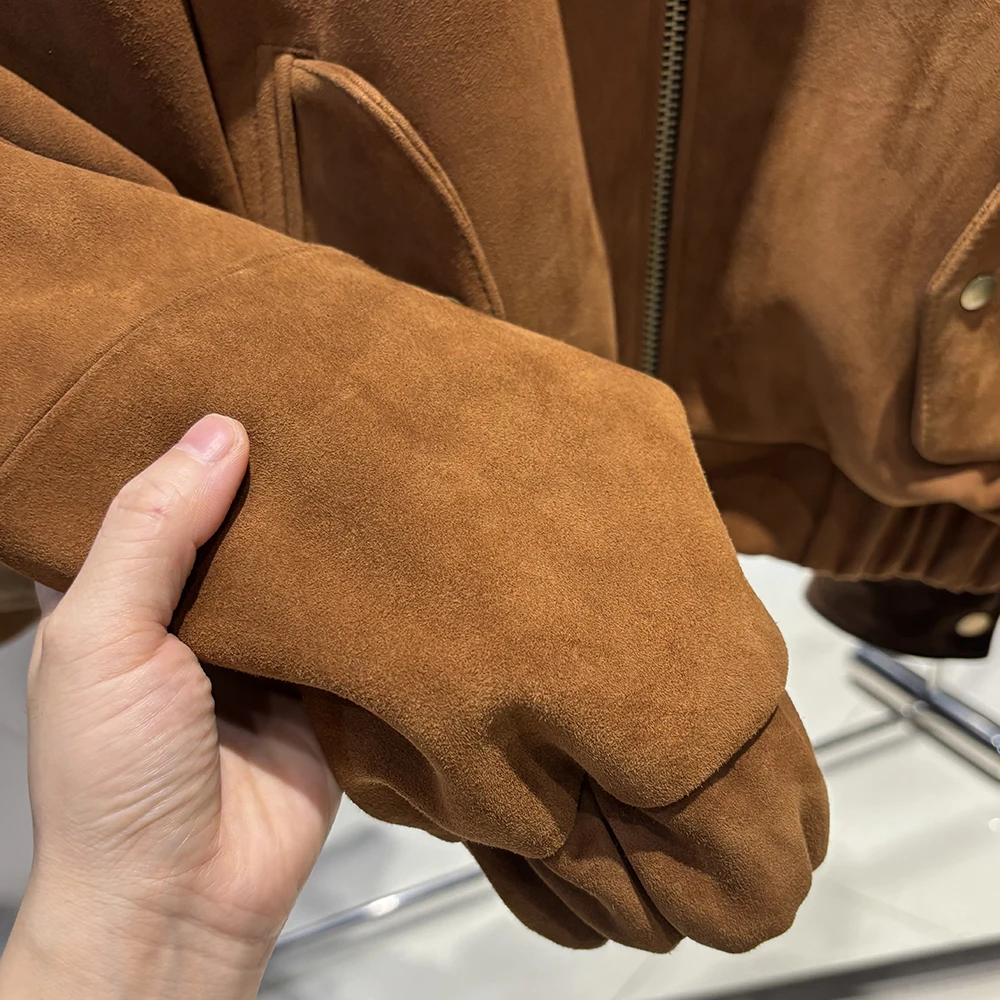 YOLOAgain Oversized Suede Leather Cropped Jacket Coat Women Drop-shoulder Dark Brown Genuine Leather Jacket Coat 2025 Autumn