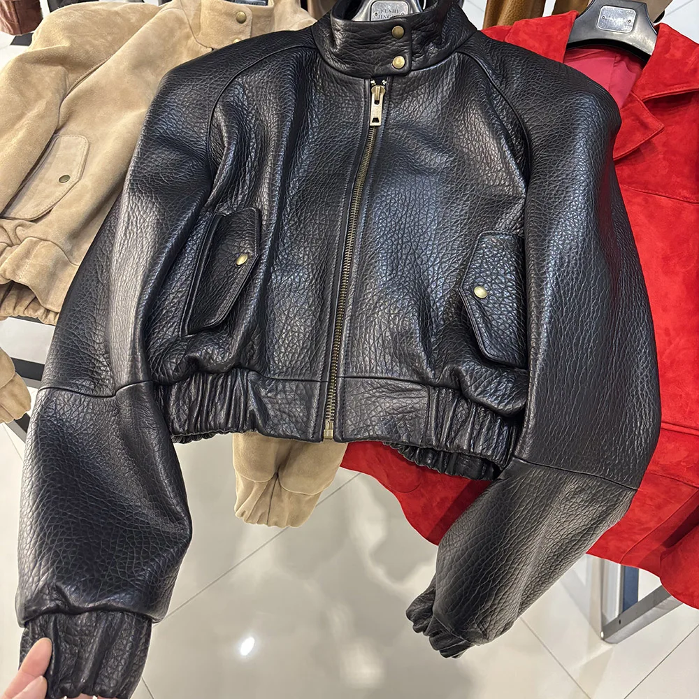 YOLOAgain Oversized Suede Leather Cropped Jacket Coat Women Drop-shoulder Dark Brown Genuine Leather Jacket Coat 2025 Autumn