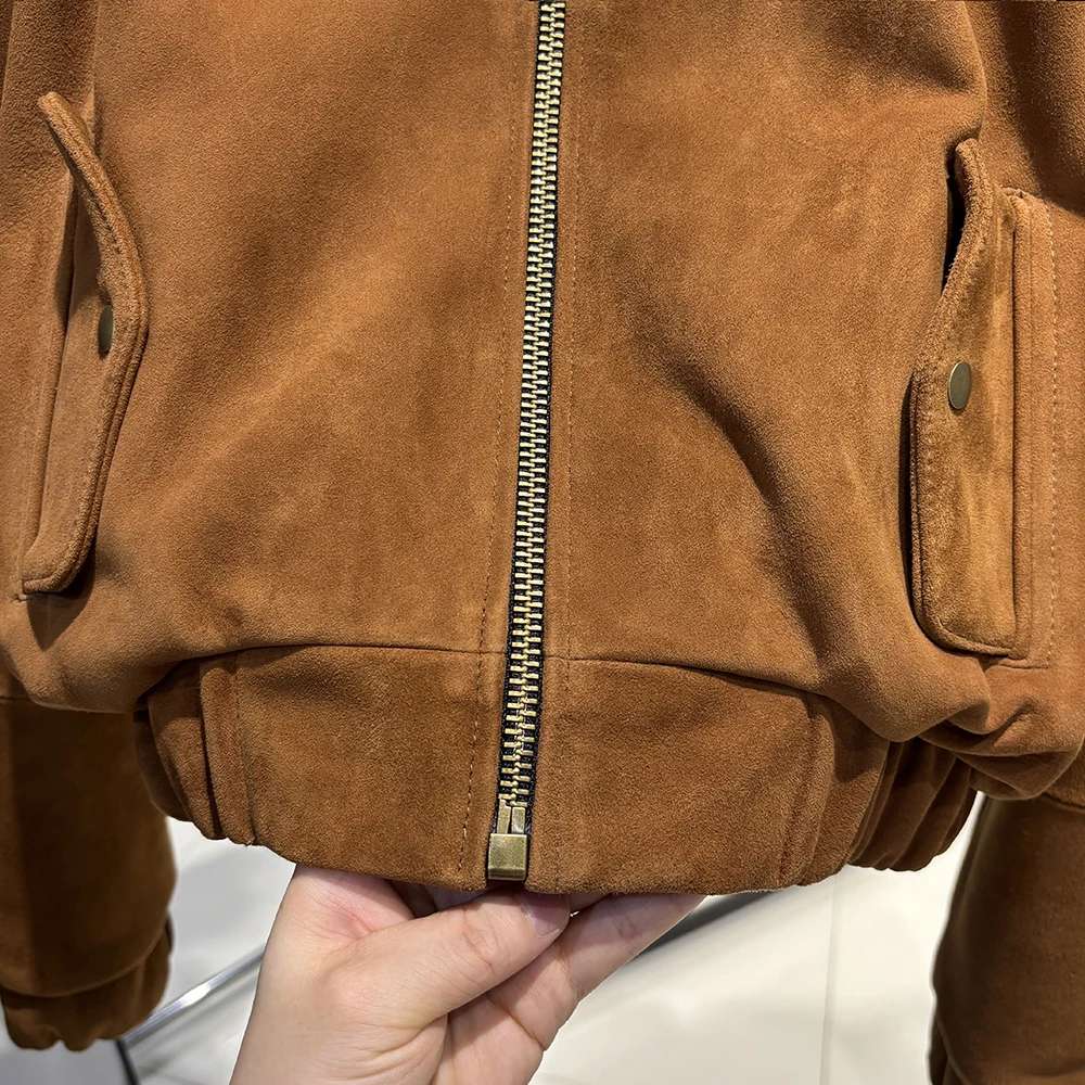 YOLOAgain Oversized Suede Leather Cropped Jacket Coat Women Drop-shoulder Dark Brown Genuine Leather Jacket Coat 2025 Autumn