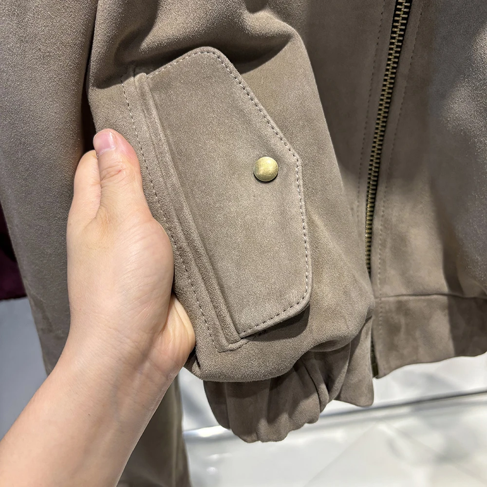 YOLOAgain Oversized Suede Leather Cropped Jacket Coat Women Drop-shoulder Dark Brown Genuine Leather Jacket Coat 2025 Autumn