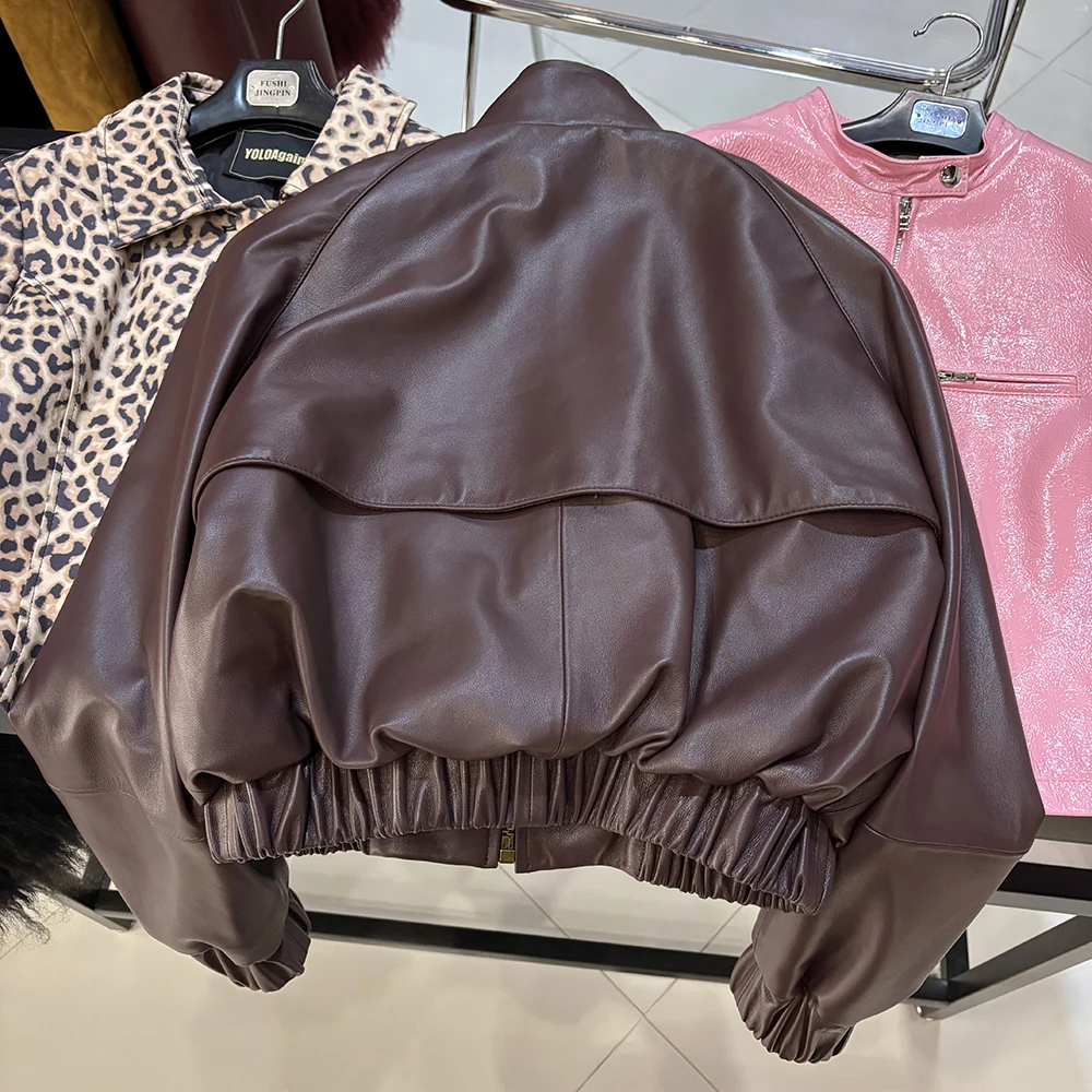 YOLOAgain Oversized Suede Leather Cropped Jacket Coat Women Drop-shoulder Dark Brown Genuine Leather Jacket Coat 2025 Autumn