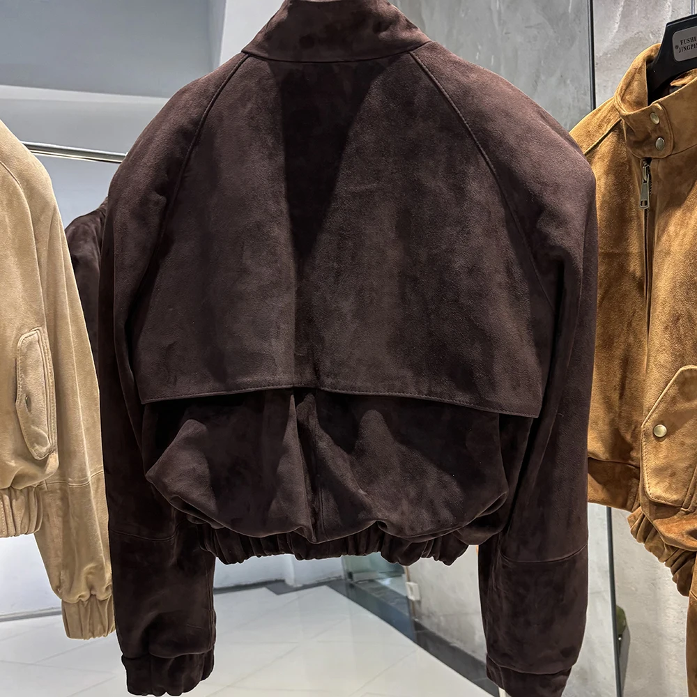 YOLOAgain Oversized Suede Leather Cropped Jacket Coat Women Drop-shoulder Dark Brown Genuine Leather Jacket Coat 2025 Autumn