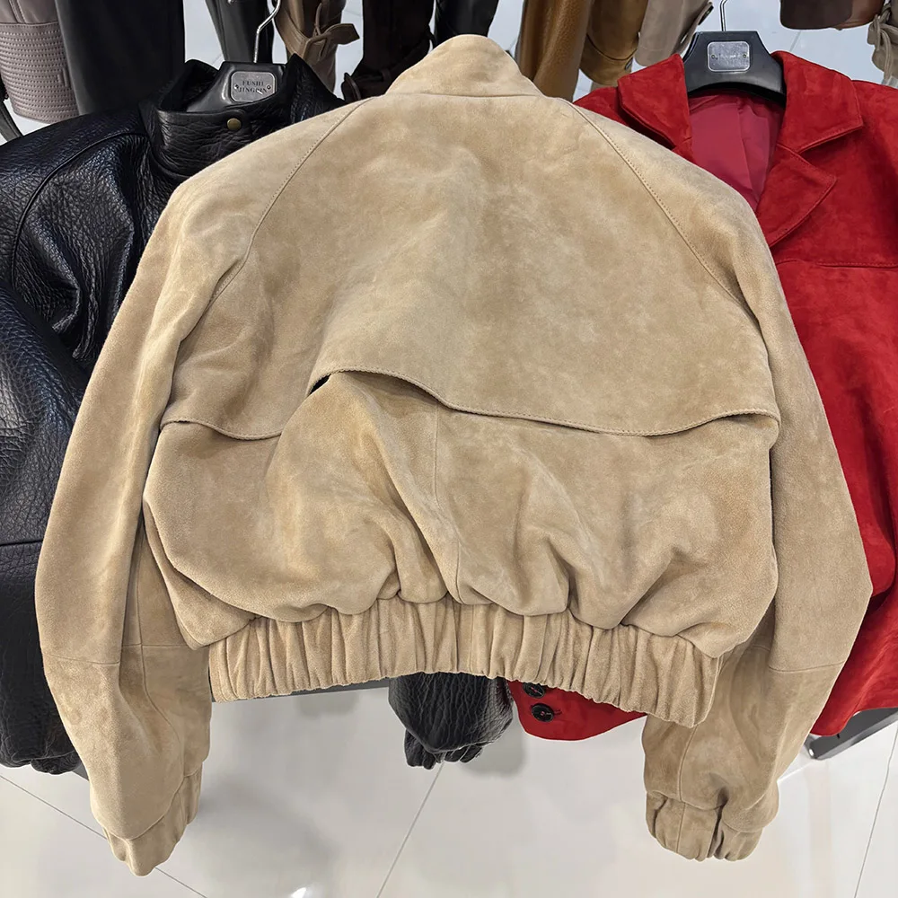 YOLOAgain Oversized Suede Leather Cropped Jacket Coat Women Drop-shoulder Dark Brown Genuine Leather Jacket Coat 2025 Autumn