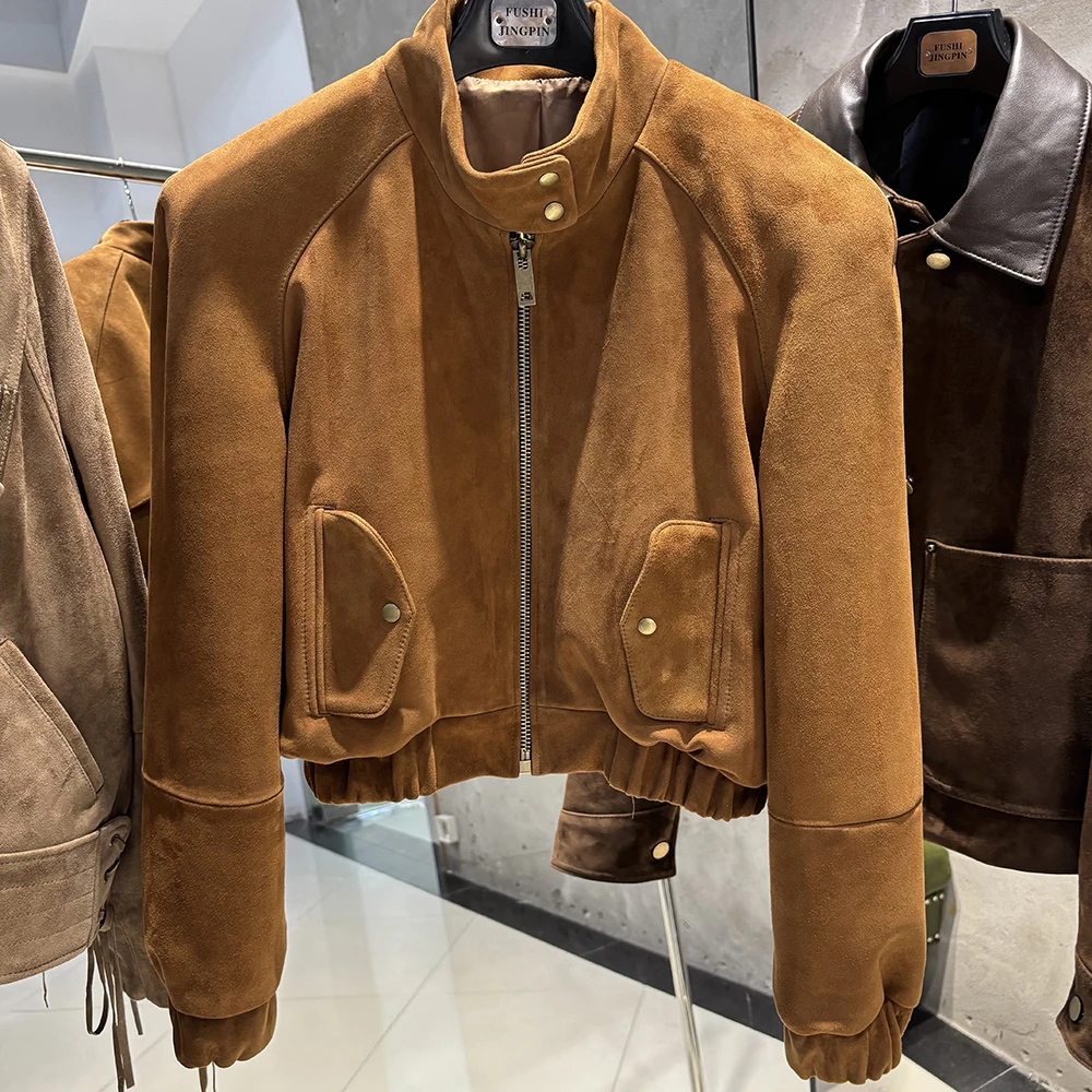 YOLOAgain Oversized Suede Leather Cropped Jacket Coat Women Drop-shoulder Dark Brown Genuine Leather Jacket Coat 2025 Autumn