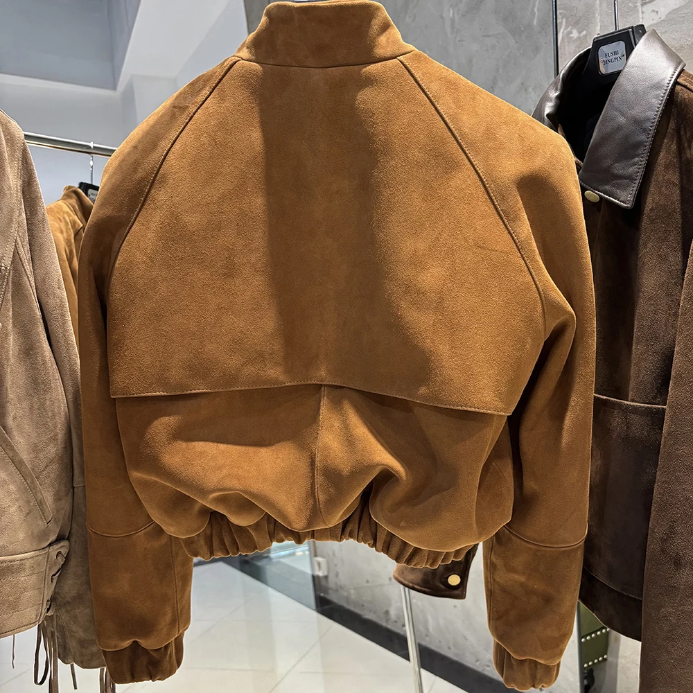 YOLOAgain Oversized Suede Leather Cropped Jacket Coat Women Drop-shoulder Dark Brown Genuine Leather Jacket Coat 2025 Autumn