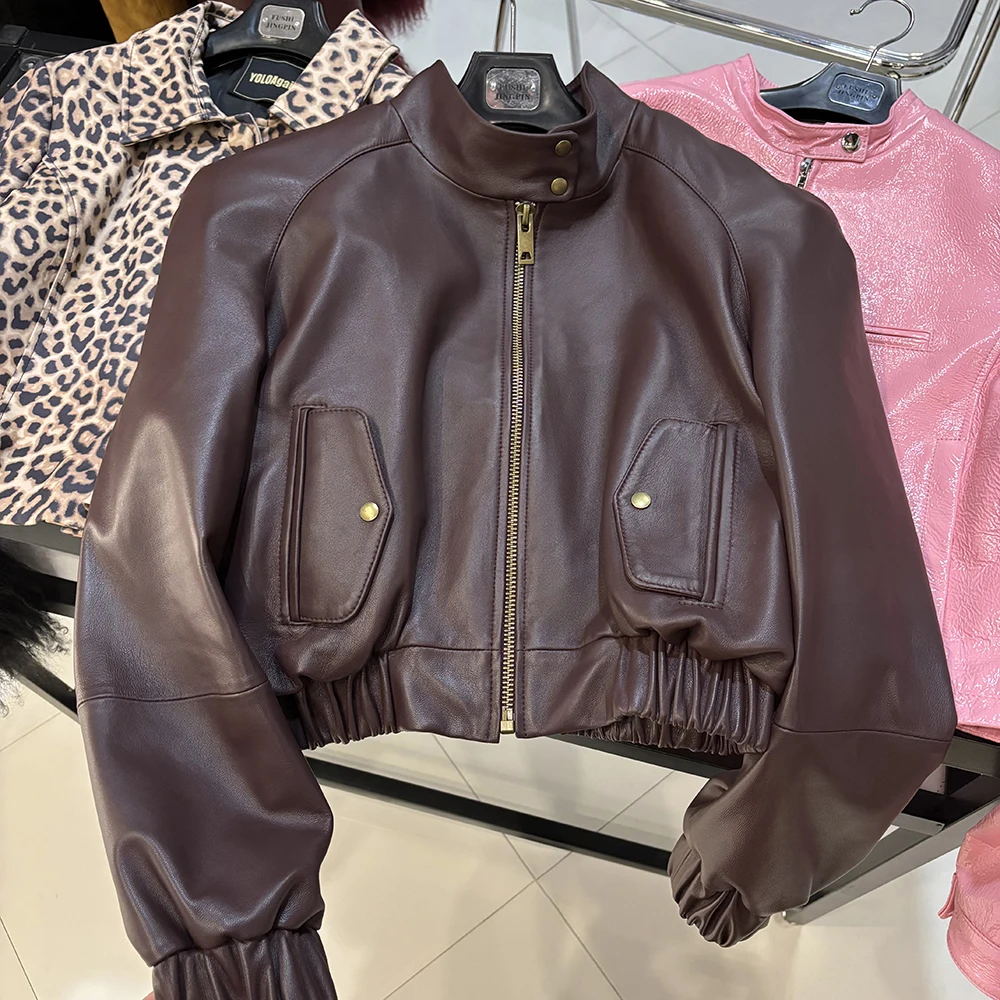 YOLOAgain Oversized Suede Leather Cropped Jacket Coat Women Drop-shoulder Dark Brown Genuine Leather Jacket Coat 2025 Autumn