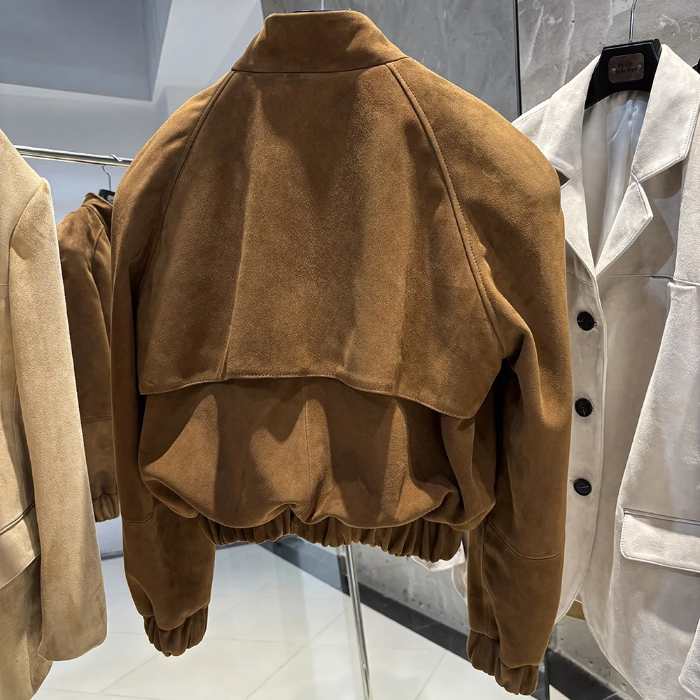 YOLOAgain Oversized Suede Leather Cropped Jacket Coat Women Drop-shoulder Dark Brown Genuine Leather Jacket Coat 2025 Autumn