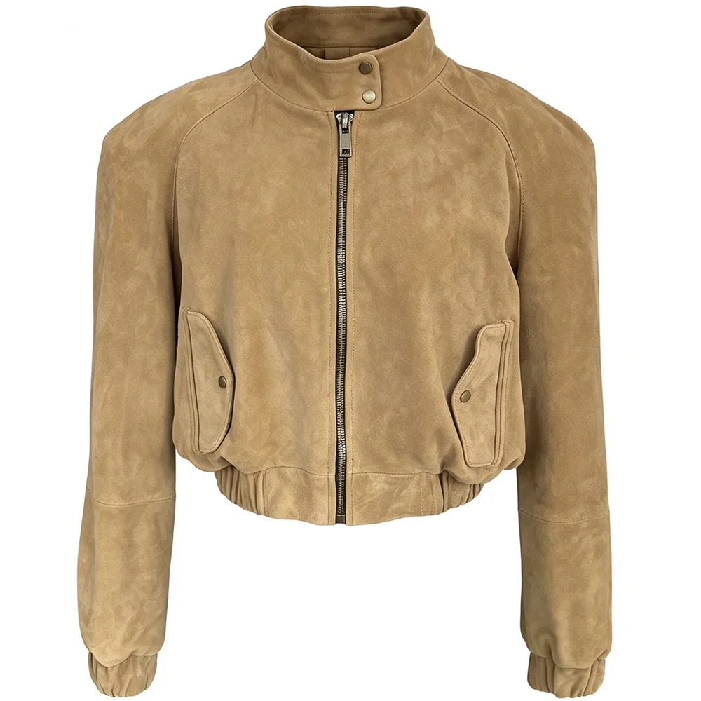 YOLOAgain Oversized Suede Leather Cropped Jacket Coat Women Drop-shoulder Dark Brown Genuine Leather Jacket Coat 2025 Autumn