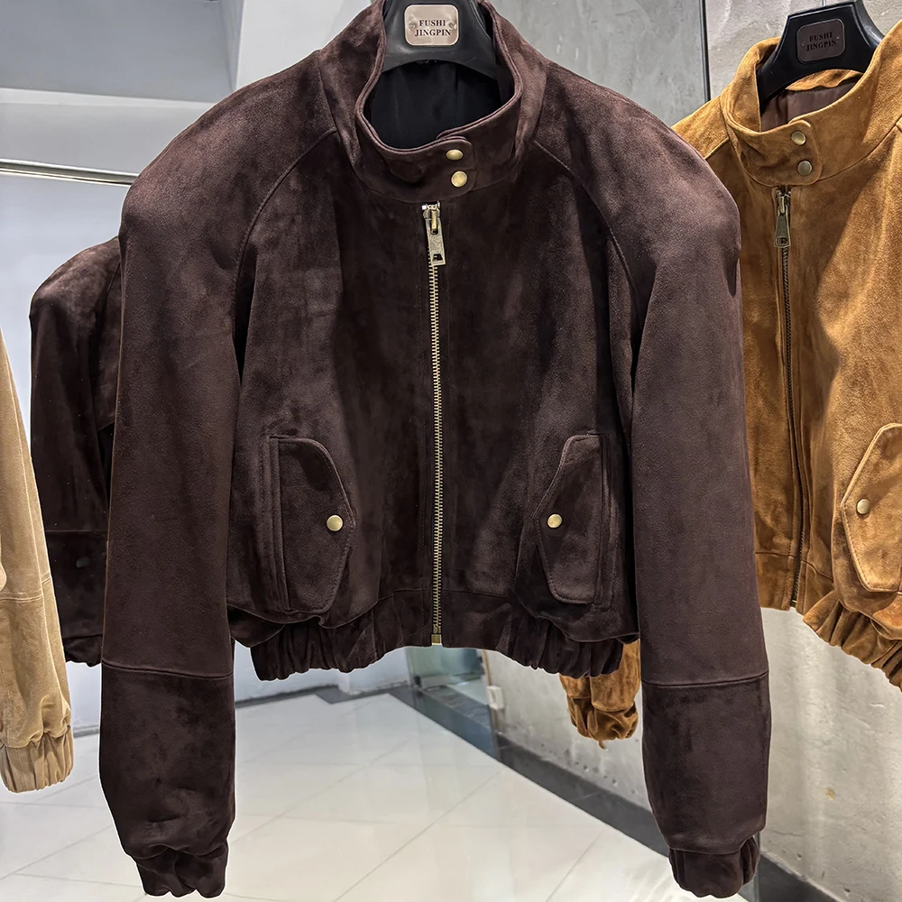 YOLOAgain Oversized Suede Leather Cropped Jacket Coat Women Drop-shoulder Dark Brown Genuine Leather Jacket Coat 2025 Autumn