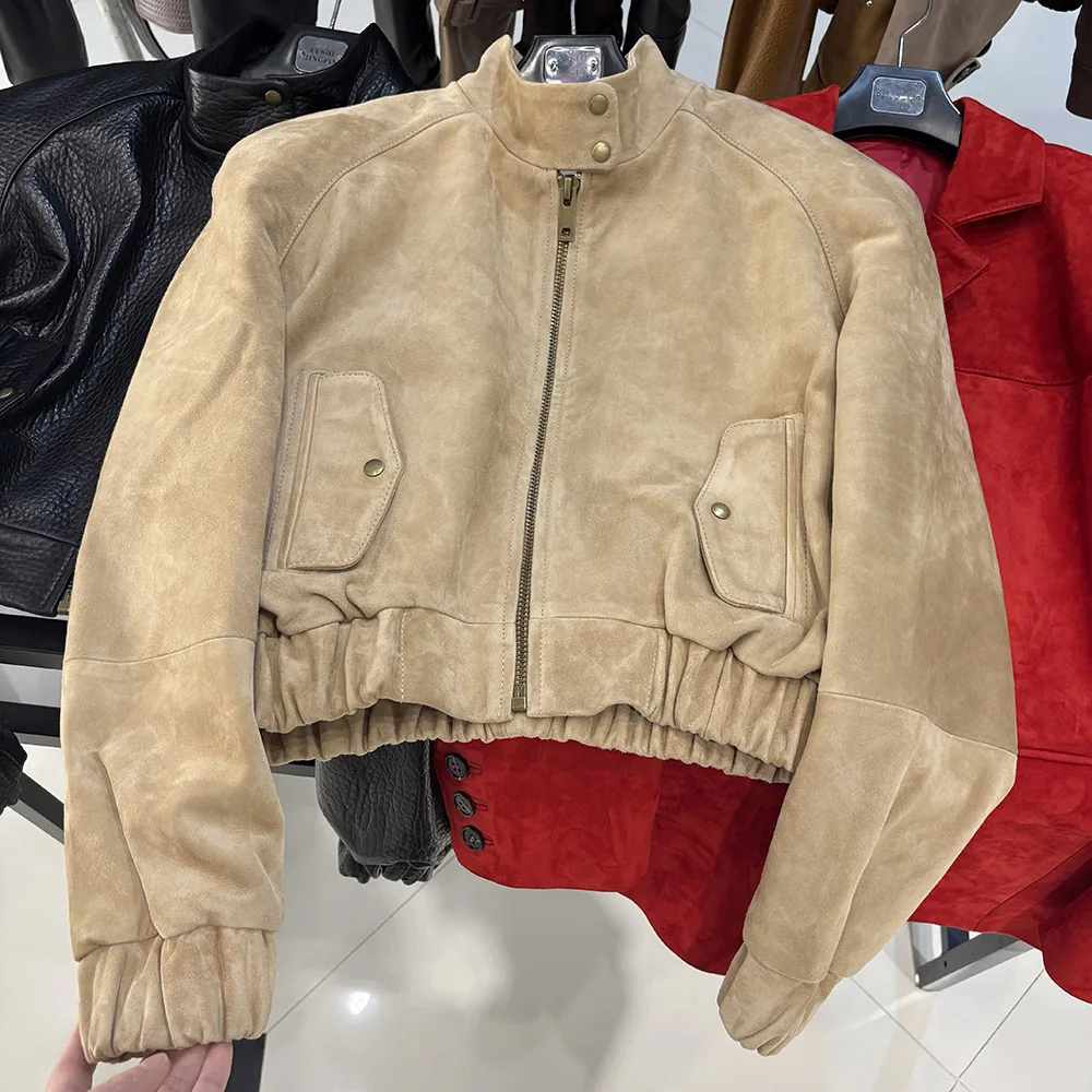 YOLOAgain Oversized Suede Leather Cropped Jacket Coat Women Drop-shoulder Dark Brown Genuine Leather Jacket Coat 2025 Autumn